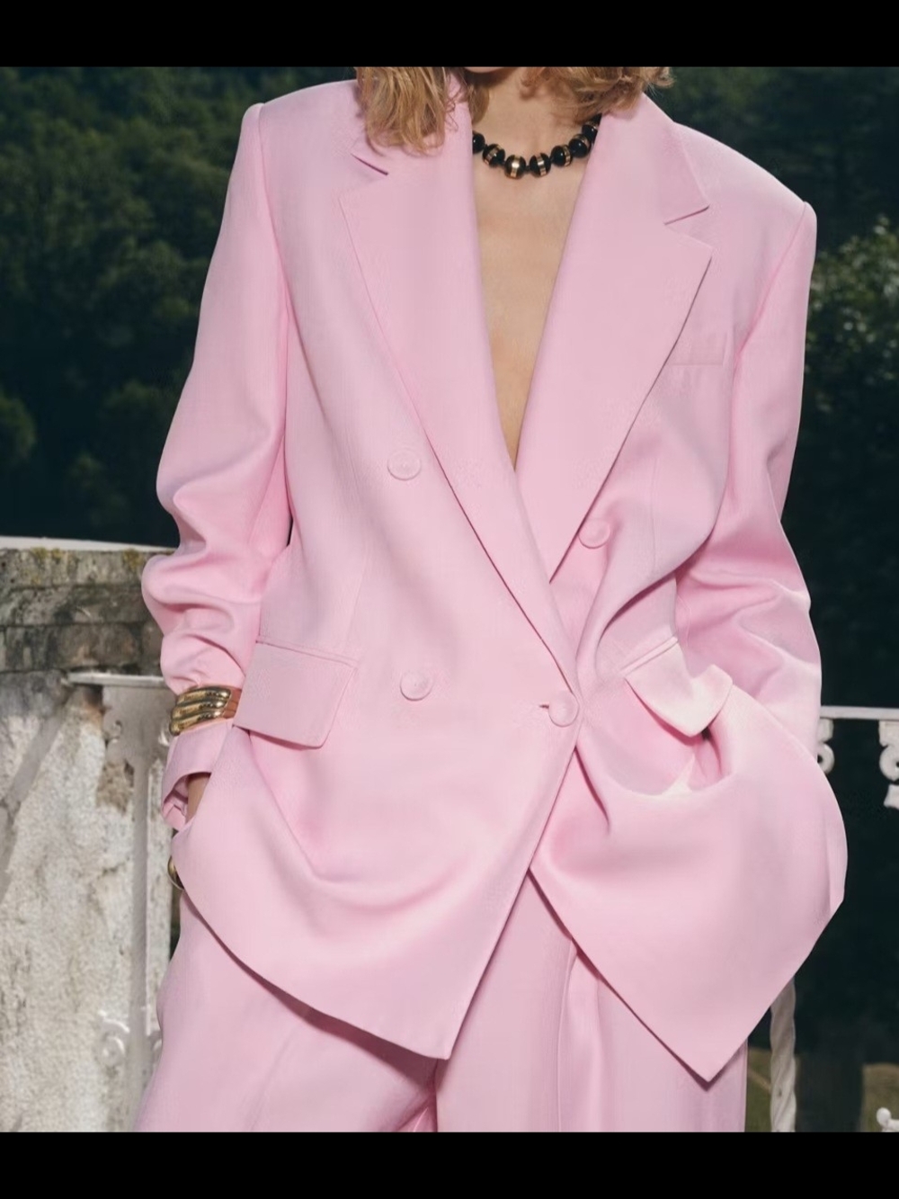 Mango Oversized Double-Breasted Blazer and Trousers Set - Light Pink